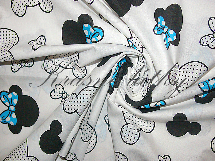 Myška s modrou mašlí - 100% bavlna, š. 160 cm, 130 g/m2