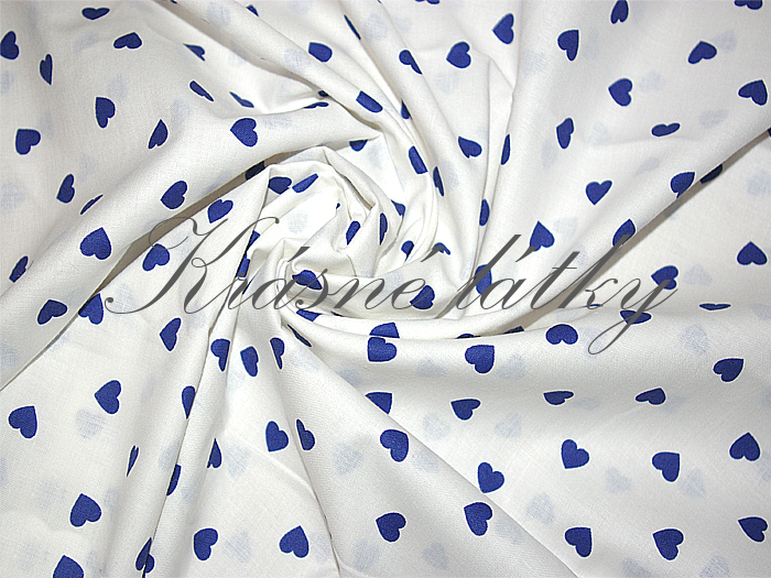 Srdíčka modrá na bílém podkladu, bavlněné plátno, šířka 160cm 