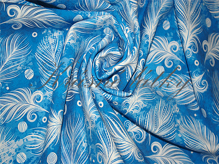 Bílá pírka na modré - 97 % bavlna, 3 % elastan, š. 155 cm, 290 g/m2