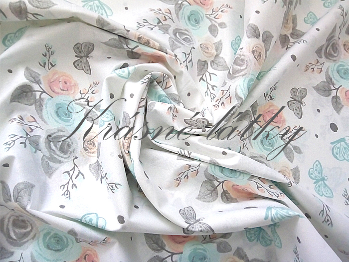 Růže s motýly - 100% bavlna, š. 160 cm, 130 g/m2