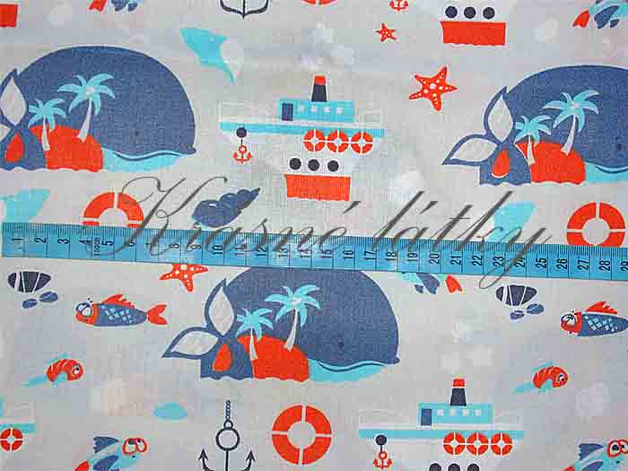 Dětská látka vzor velryba a parník - 100% bavlna - letní plátno, š. 160 cm, 130 g/m2