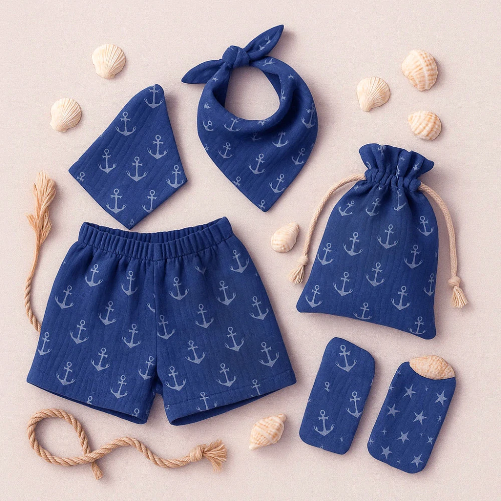 Mušelín kotva na námořnicky modré - 100% bavlna, š. 130 cm, 125 g/m2 šedá gázovina, mušelínová látka