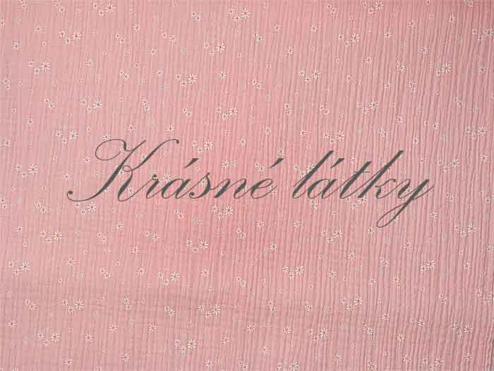 Mušelín květy na růžové - 100% bavlna, š. 130 cm, 125 g/m2 růžová gázovina, mušelínová látka