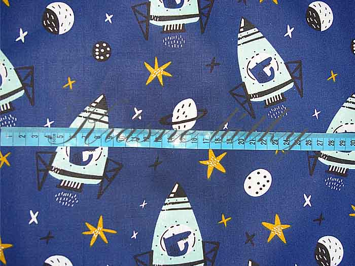 Bavlna vesmírná raketa modrá obloha - 100% bavlna, š. 160 cm, 130 g/m2, látky metráž