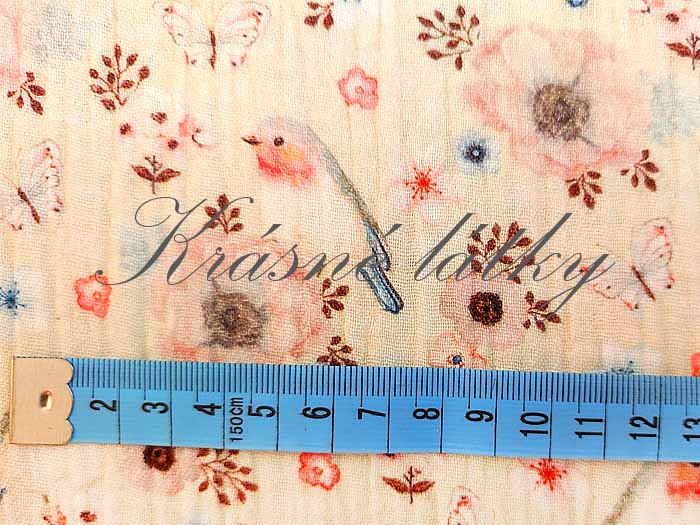 Mušelínová látka vzor ptáček, gázovina - 100% bavlna, mušelín – látky - metráž