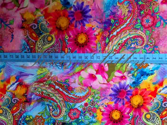 Látka viskóza, paisley květiny fuchsie – viskóza, lykra, š. 150 cm, 220 g/m2