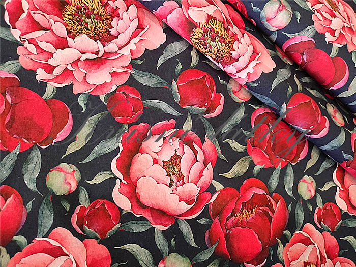 Červené květy pivoněk - 100% bavlna, š. 160 cm, 150 g/m2, látky metráž, dětské látky