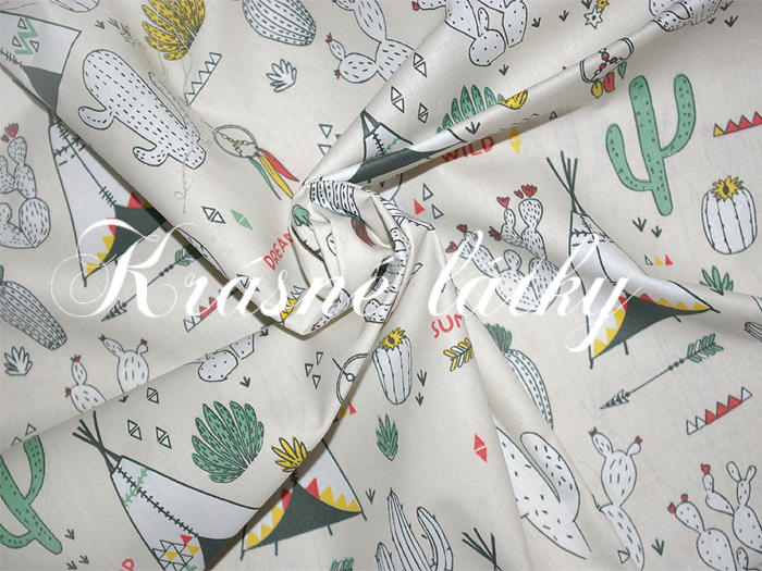 Mexiko - š. 160 cm 100% bavlna metráž, kaktusy, indiánský stan, tepee