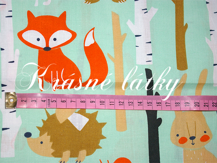 Lesní zvířátka, veverka, liška, ježek, medvěd, mátový podklad,100%bavlna s atest