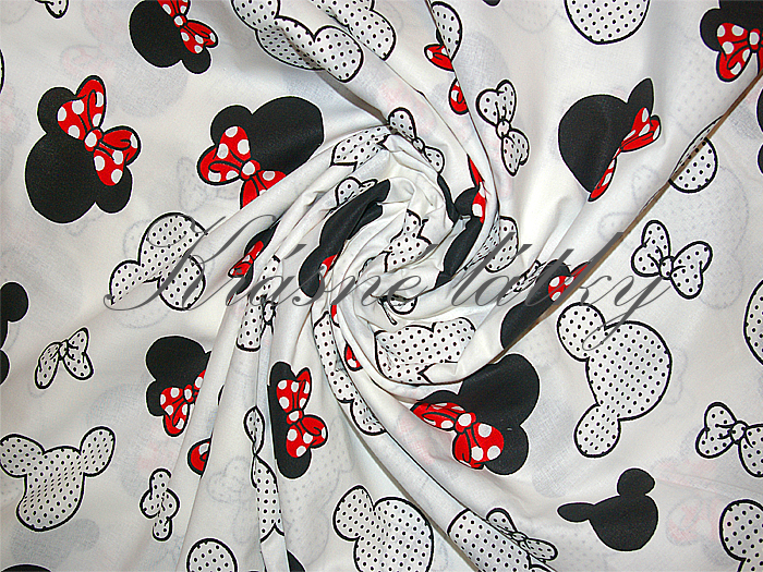 Myška s červenou mašlí - 100% bavlna, š. 160 cm, 130 g/m2