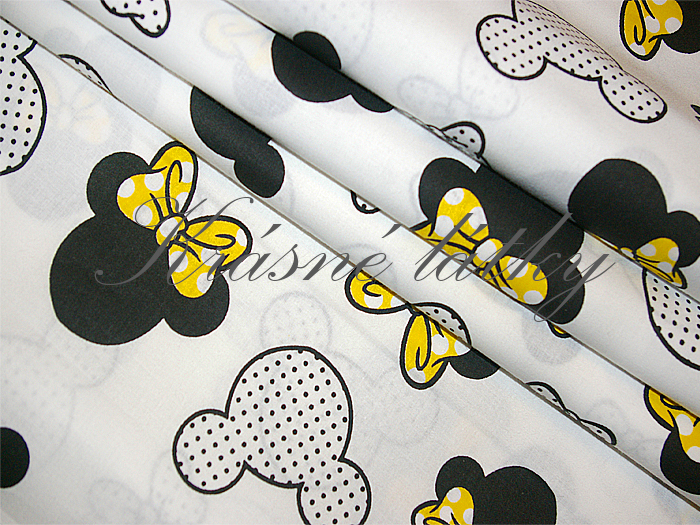 Myška se žlutou mašlí - 100% bavlna, š. 160 cm, 130 g/m2