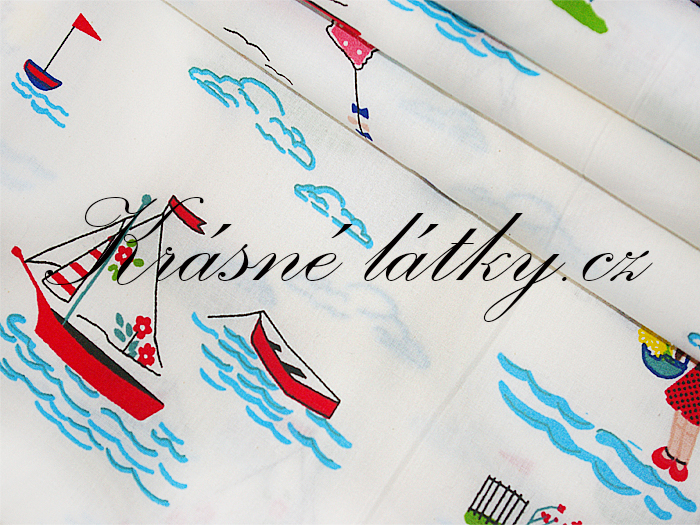 Bavlněná látka léto, maják, loďky - 100% bavlna, š. 240 cm, 130g/m2