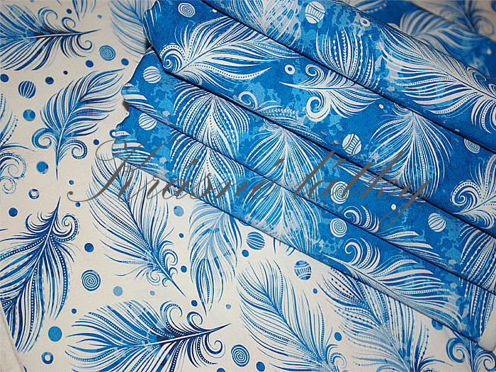 Modrá pírka na bílé - 97 % bavlna, 3 % elastan, š. 155 cm, 290 g/m2