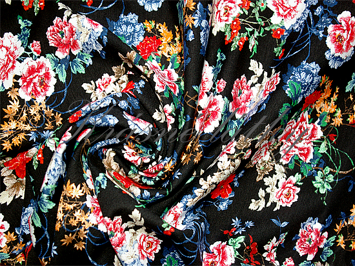 Květy na temně černé - 95 % bavlna, elastan 5 %, š. 160 cm, 170 g/m2 