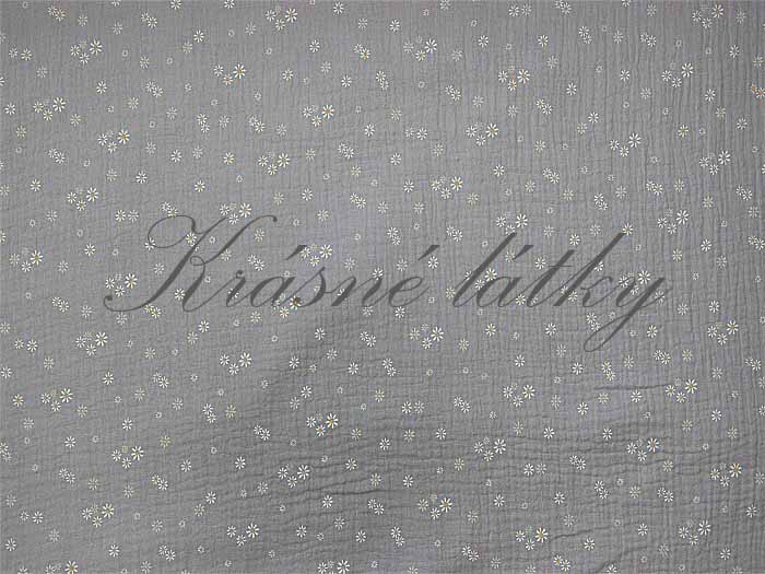 Mušelín květy na šedé - 100% bavlna, š. 130 cm, 125 g/m2 šedá gázovina, mušelínová látka