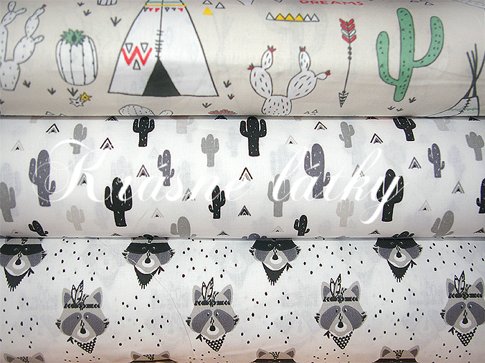 Mexiko - š. 160 cm 100% bavlna metráž, kaktusy, indiánský stan, tepee