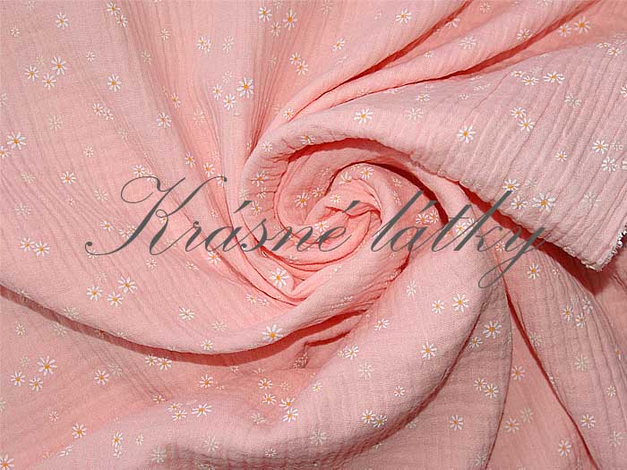 Mušelín květy na růžové - 100% bavlna, š. 130 cm, 125 g/m2 růžová gázovina, mušelínová látka
