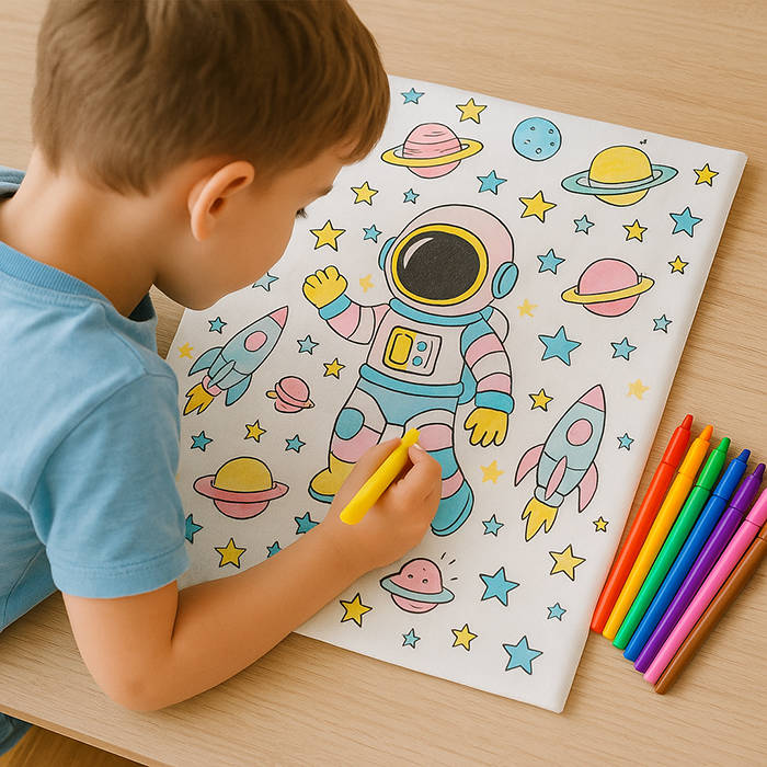 Dětská látka látkové omalovánky Astronaut - 100% bavlna, š. 150 cm,  120 g/m2 bavlna látky metráž