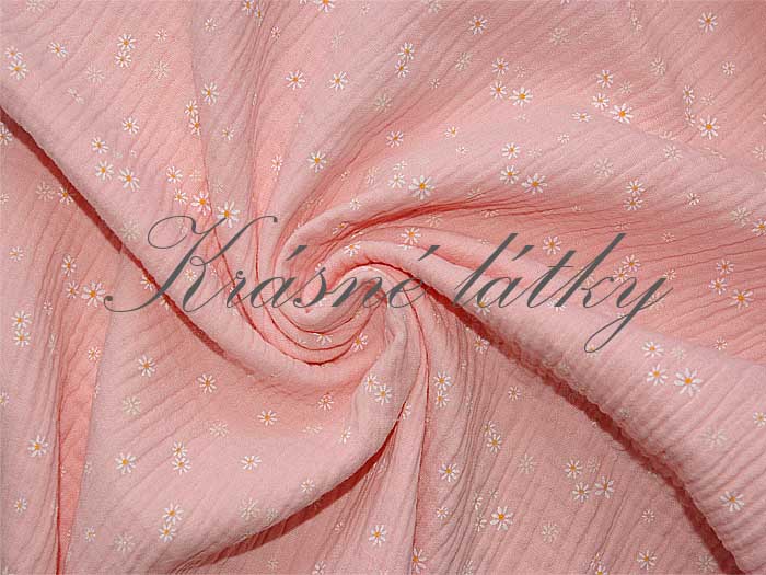 Mušelín květy na růžové - 100% bavlna, š. 130 cm, 125 g/m2 růžová gázovina, mušelínová látka