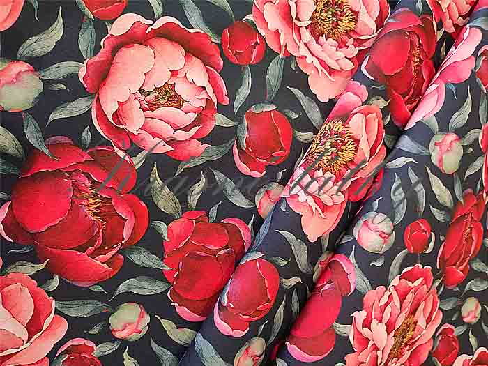 Červené květy pivoněk - 100% bavlna, š. 160 cm, 150 g/m2, látky metráž, dětské látky