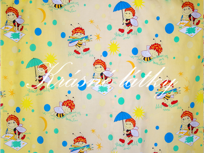 Veselé včeličky s paraplíčkem a pastelkami,š. 150 cm, 150g/m2