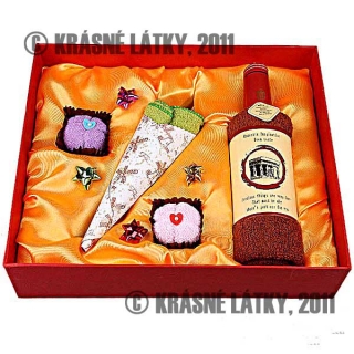 Sada č.2 ručníků - lahev červeného vína s delikátními deserty