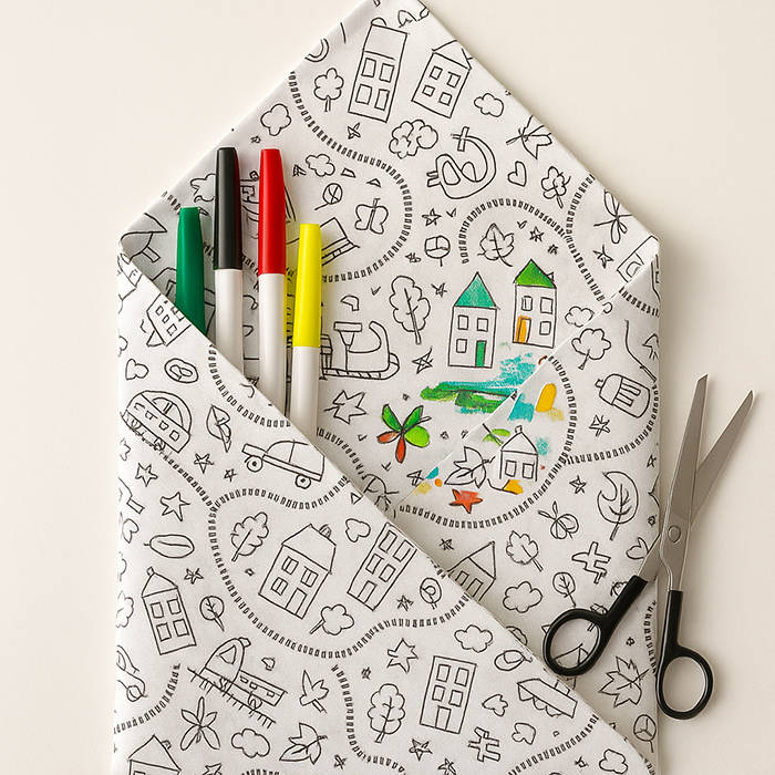 Látková omalovánka s motivem města, elegantně složená do tvaru dopisu, doplněná o barevné textilní fixy pro kreativní tvoření. Ideální látka k vybarvení pro děti i dospělé – KRÁSNÉLÁTKY.CZ