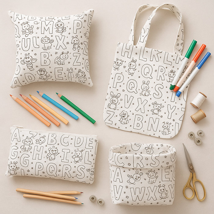 Ukázka šitých produktů z látkové omalovánky s motivem abecedy a veselých postaviček – polštářky, taštičky a další kreativní dekorace z bavlněného plátna k vybarvení.
